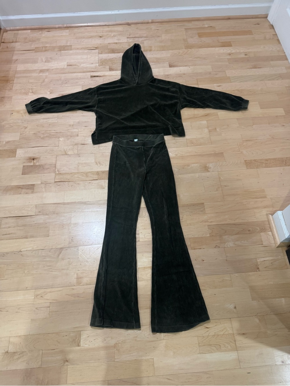 aerie Dark Olive Corduroy Flare Pants and Hoodie Set